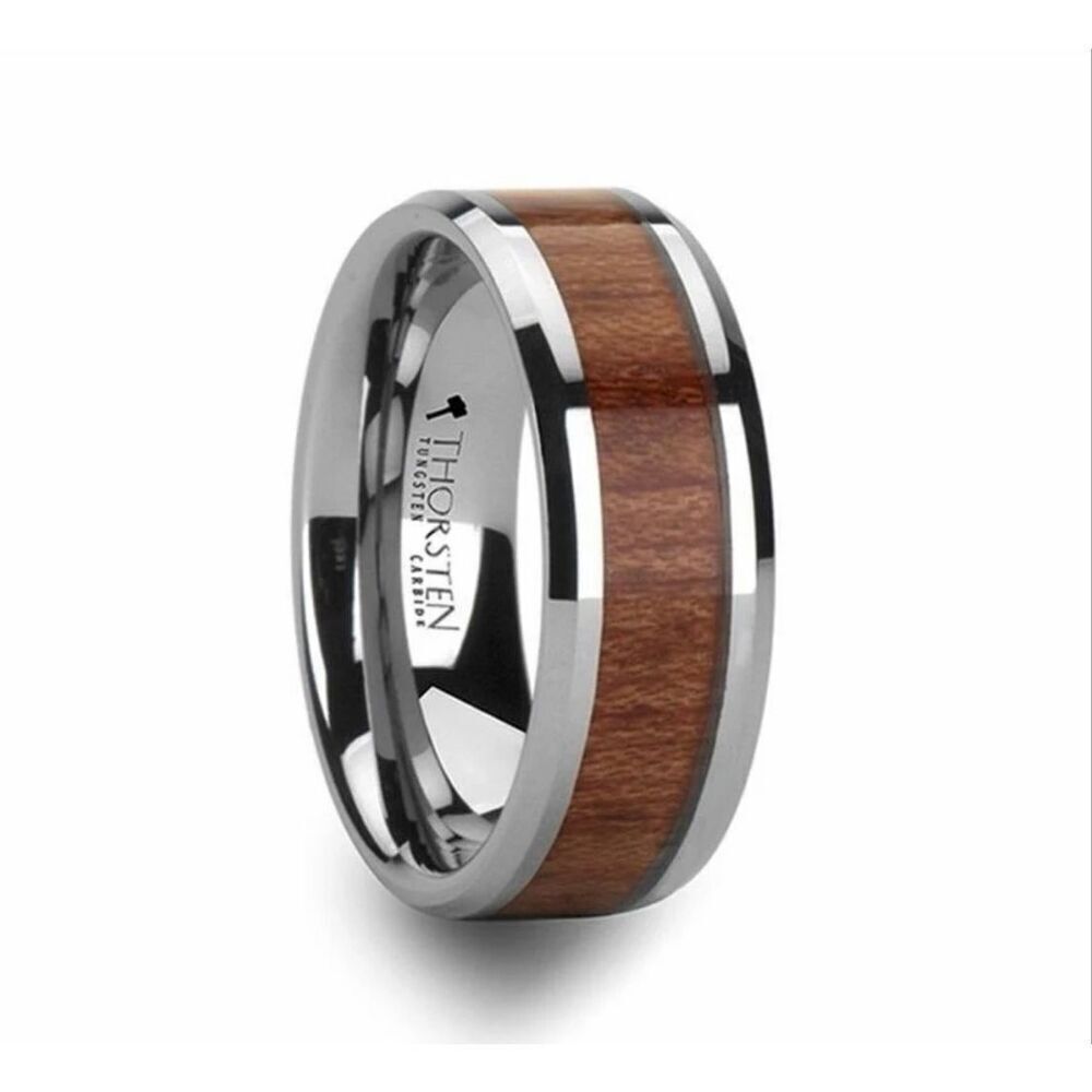 Thorsten Kodiak Tungsten Men’s Wedding Band with Bevels and Rosewood Inlay 8mm w